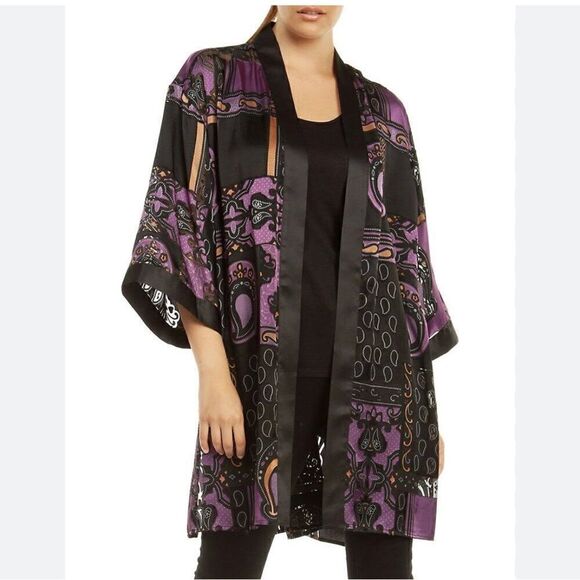 DEX Black Purple Paisley Pattern Semi Sheer Kimono Duster Tunic Cardigan - Picture 1 of 16
